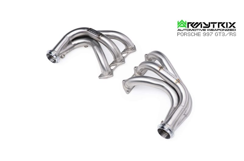 Armytrix high-flow performance de-catted headers for Porsche 911 997 GT3 with cat-simulators for maximum exhaust flow.