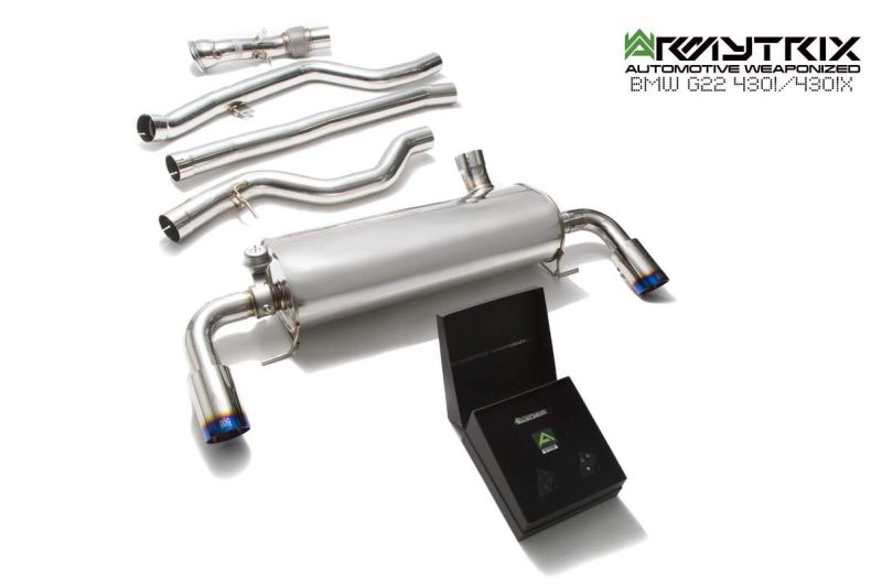 Armytrix offers full exhaust system for the BMW G22 430i, including frontpipe, midpipe, valvetronic mufflers, and color tips