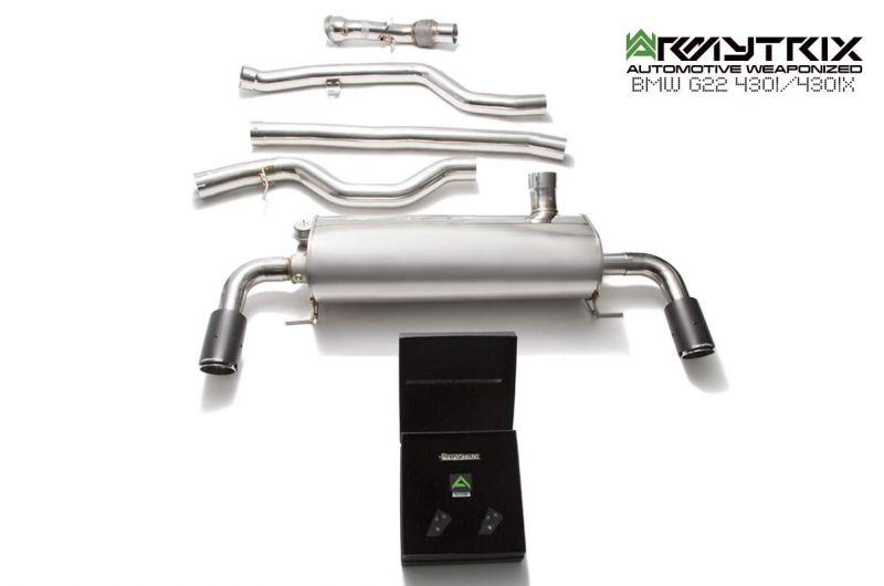 Armytrix offers full exhaust system for the BMW G22 430i, including frontpipe, midpipe, valvetronic mufflers, and color tips