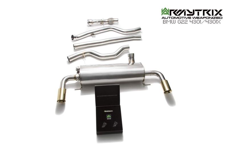 Armytrix offers full exhaust system for the BMW G22 430i, including frontpipe, midpipe, valvetronic mufflers, and color tips